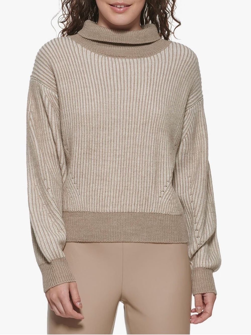 DKNY Turtleneck Ribbed Knit Sweater - Beige